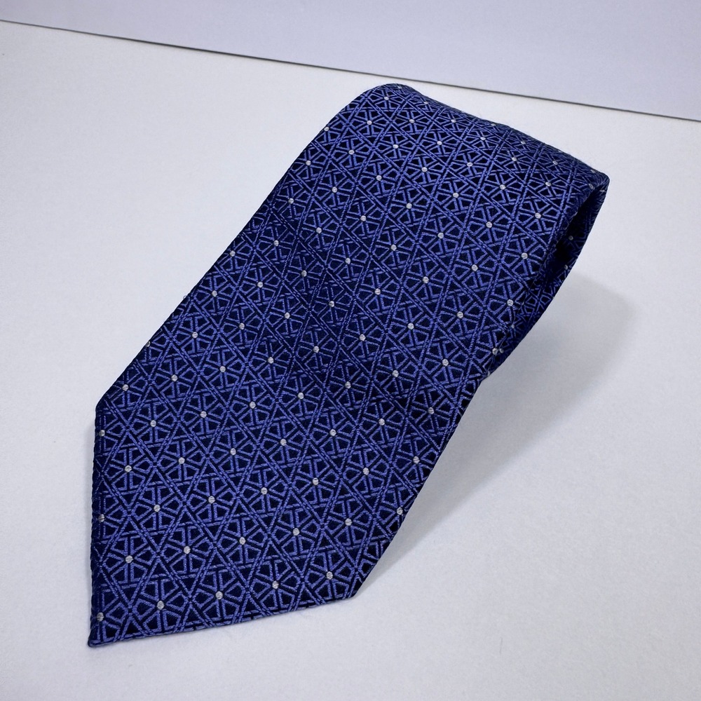 Charles Tyrwhitt Mens Silk Tie Navy Blue Geometric Lattice Micro Dot 59" x 3.25"